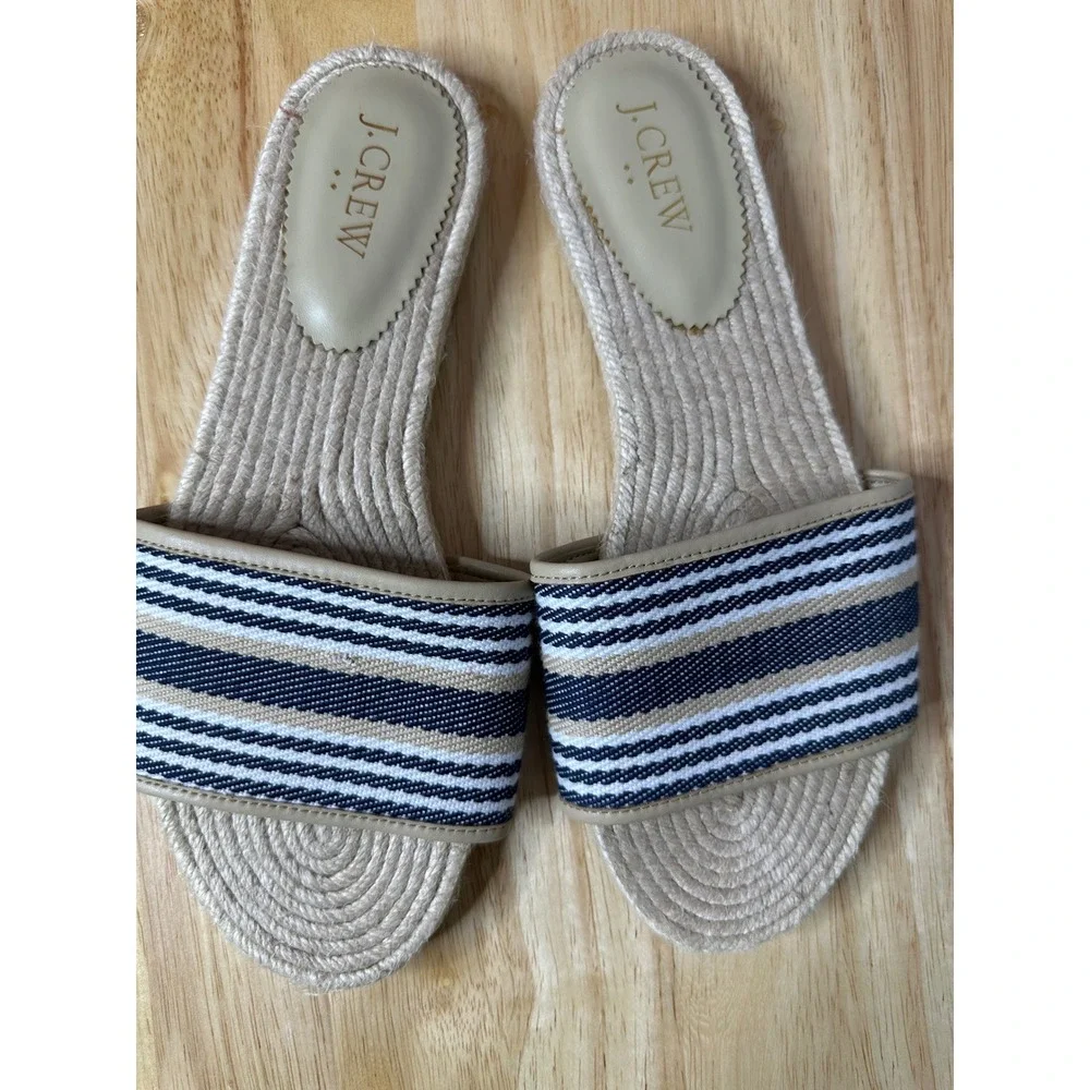 J. Crew Factory Womens Espadrille Slide‎ Sandals 9 Navy Beige Flats Preppy FLAW